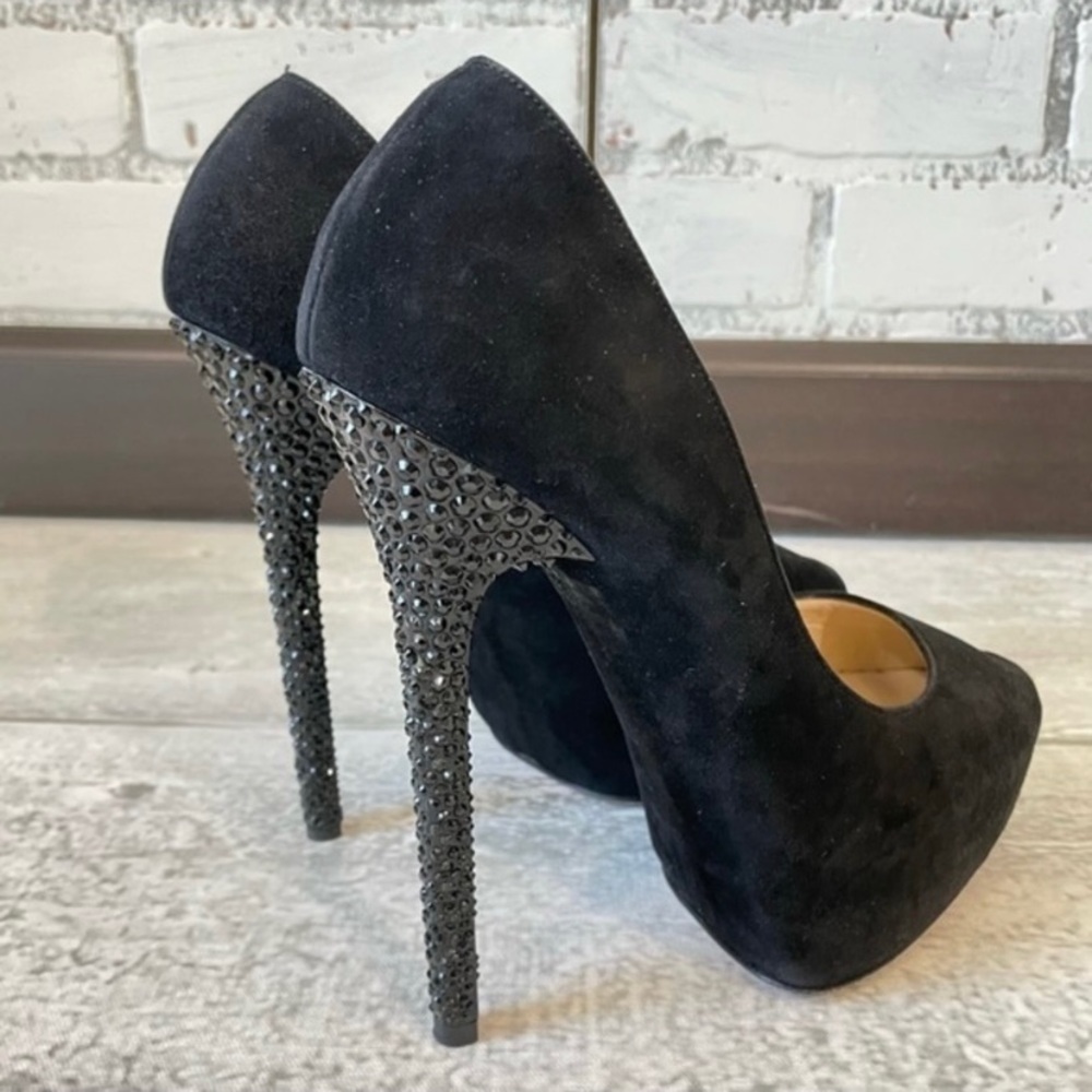 Jimmy Choo Black Platform Pump Heels Swarovski Crystals Sz 38 Suede Leather
